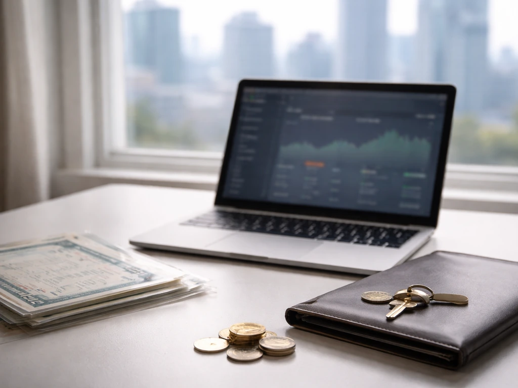 Minimal desk scene with portfolio folder, coins, and stock certificates beside an open laptop and city skyline.