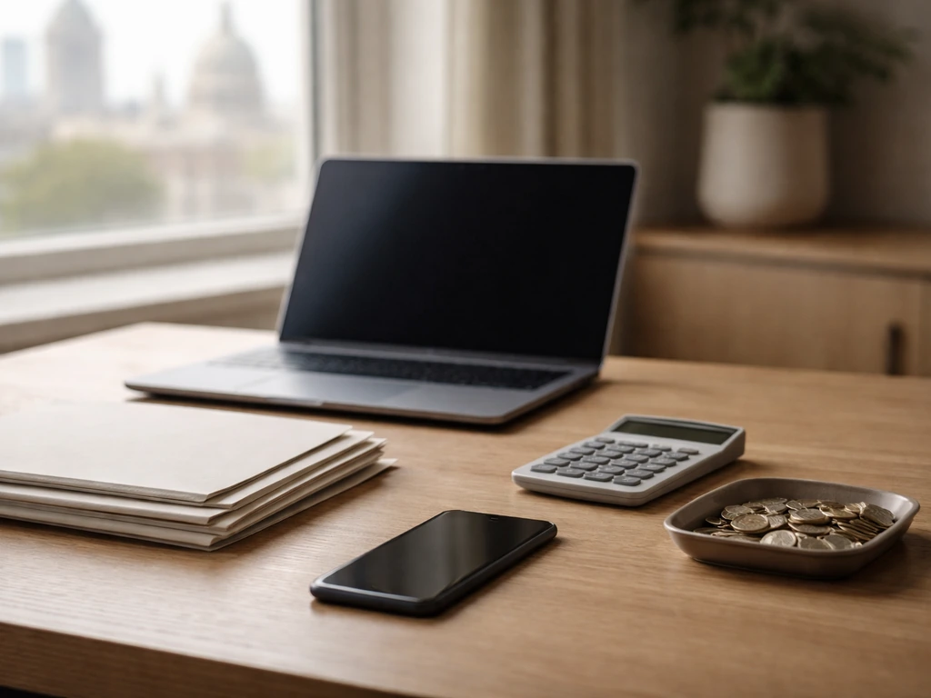 Minimal photo of a study desk with laptop, documents, and a calculator suggesting net worth verification