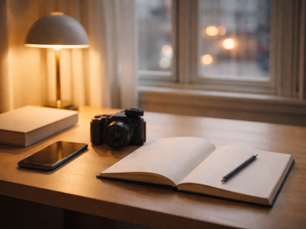 Minimal desk scene with camera gear and a single book, symbolizing media work and proper identity verification.