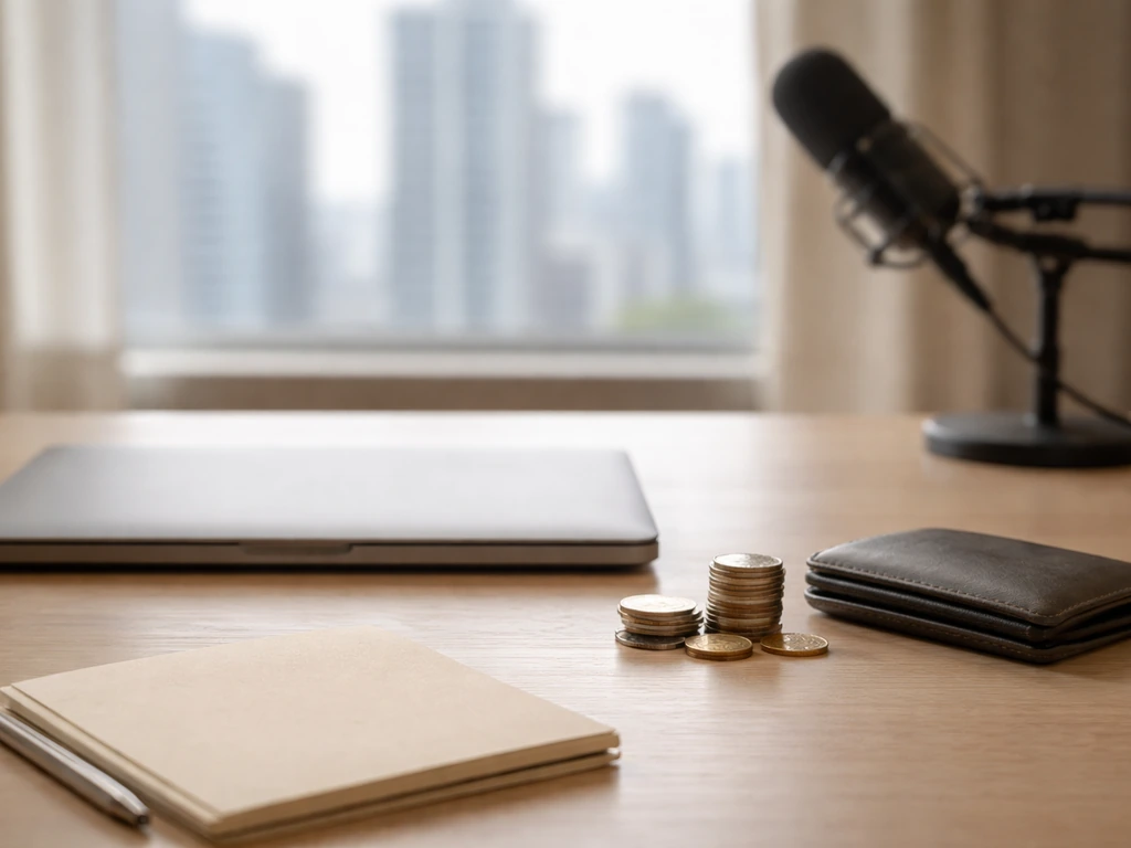 Minimal desk scene with laptop, coins, and a microphone stand symbolizing estimated net worth uncertainty