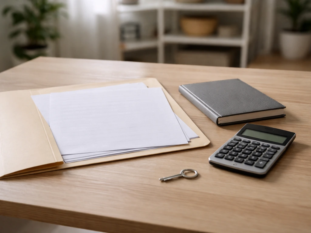 Close-up of documents, a calculator, and a folder with a small key—symbolizing financial asset verification checks.