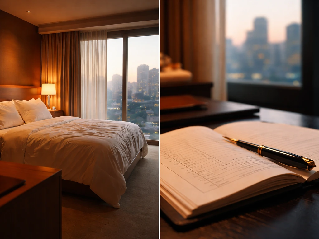 Split luxury hospitality room and a desk with a ledger and pen suggesting net-worth calculation.