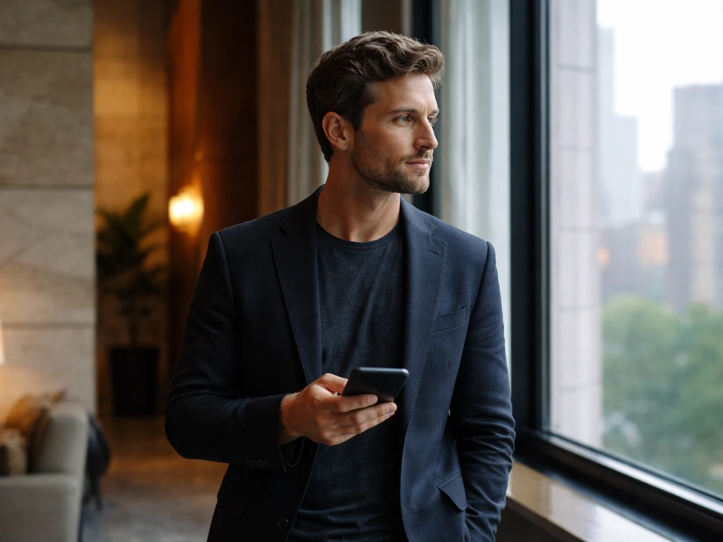 British hotel entrepreneur Oliver Ripley in a modern New York hospitality setting, standing by a calm lobby window.