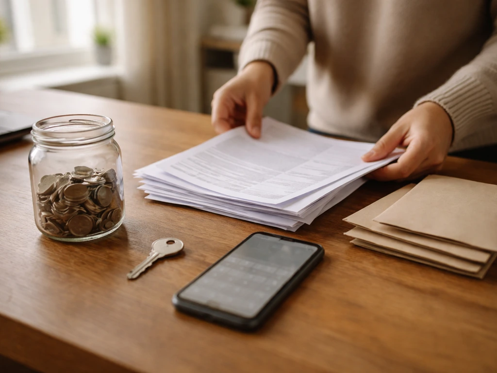 Hands sorting finance documents beside coins and a key on a desk, symbolizing private net worth estimation.