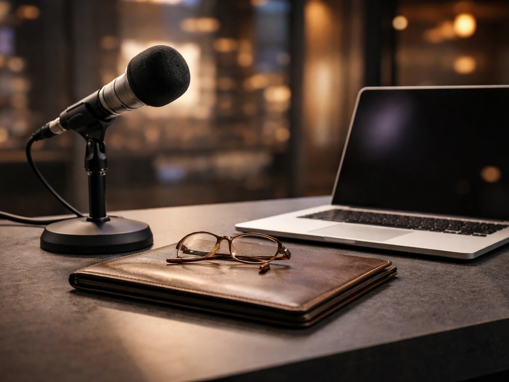Professional TV studio desk with a broadcast microphone, laptop, and leather portfolio in soft light.