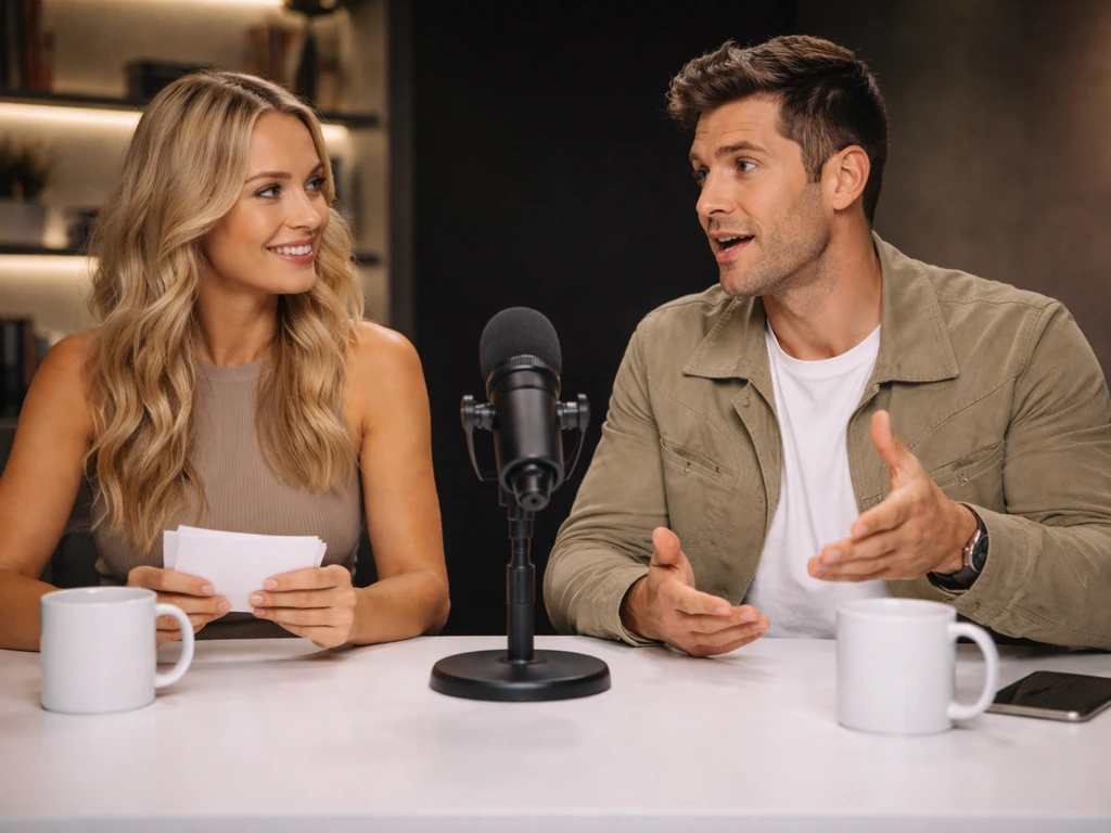 Bill and Giuliana Rancic-like TV hosts seated in a simple studio, speaking near a broadcast microphone.