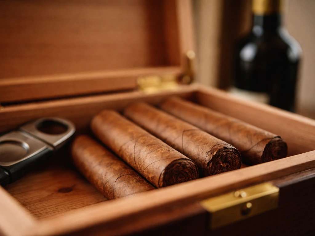 Close-up of premium cigars in a wooden humidor with a blurred wine bottle in the background.