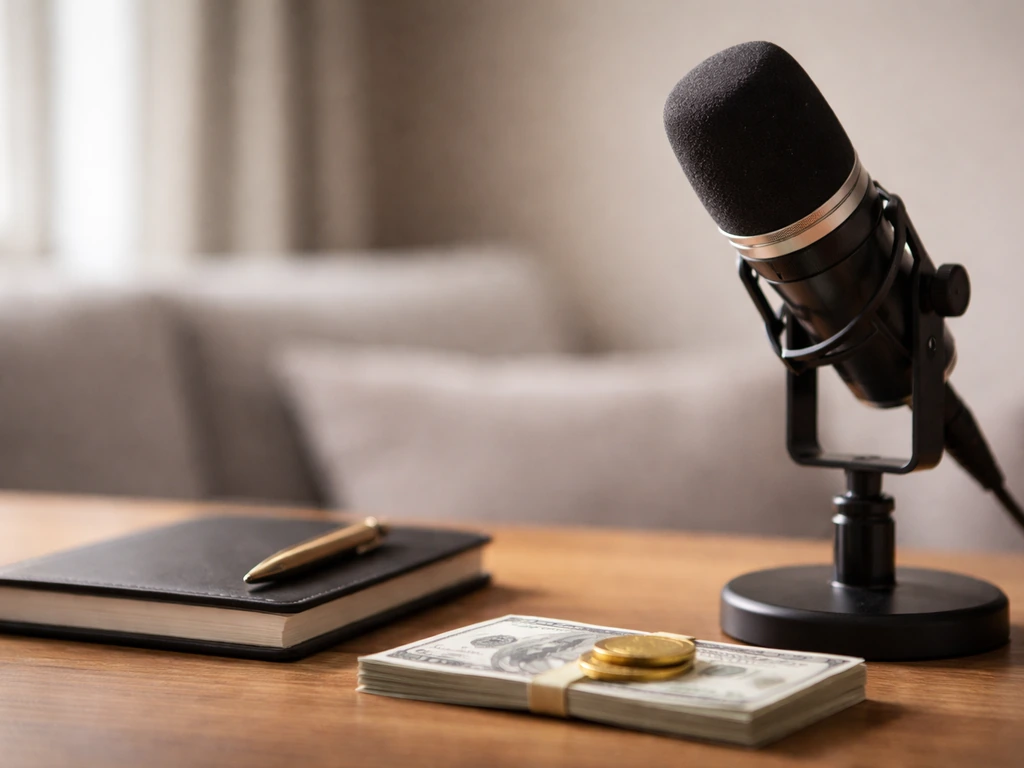 Minimal media-studio scene with microphone and cash-like props, symbolizing a celebrity net worth article