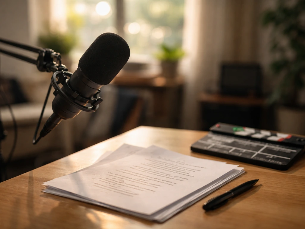 Close-up of a studio desk with a microphone and script pages, symbolizing comedy/acting work.