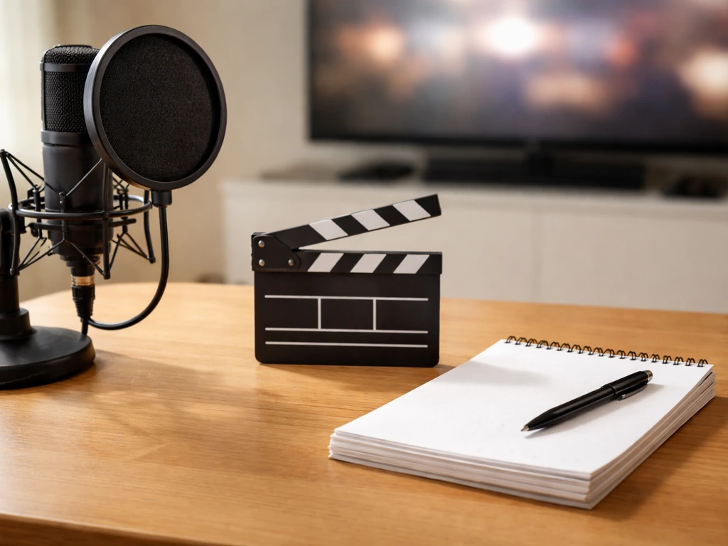 Minimal desk scene with a streaming microphone, film clapper, and folded script symbolizing TV, comedy, and entertainmen