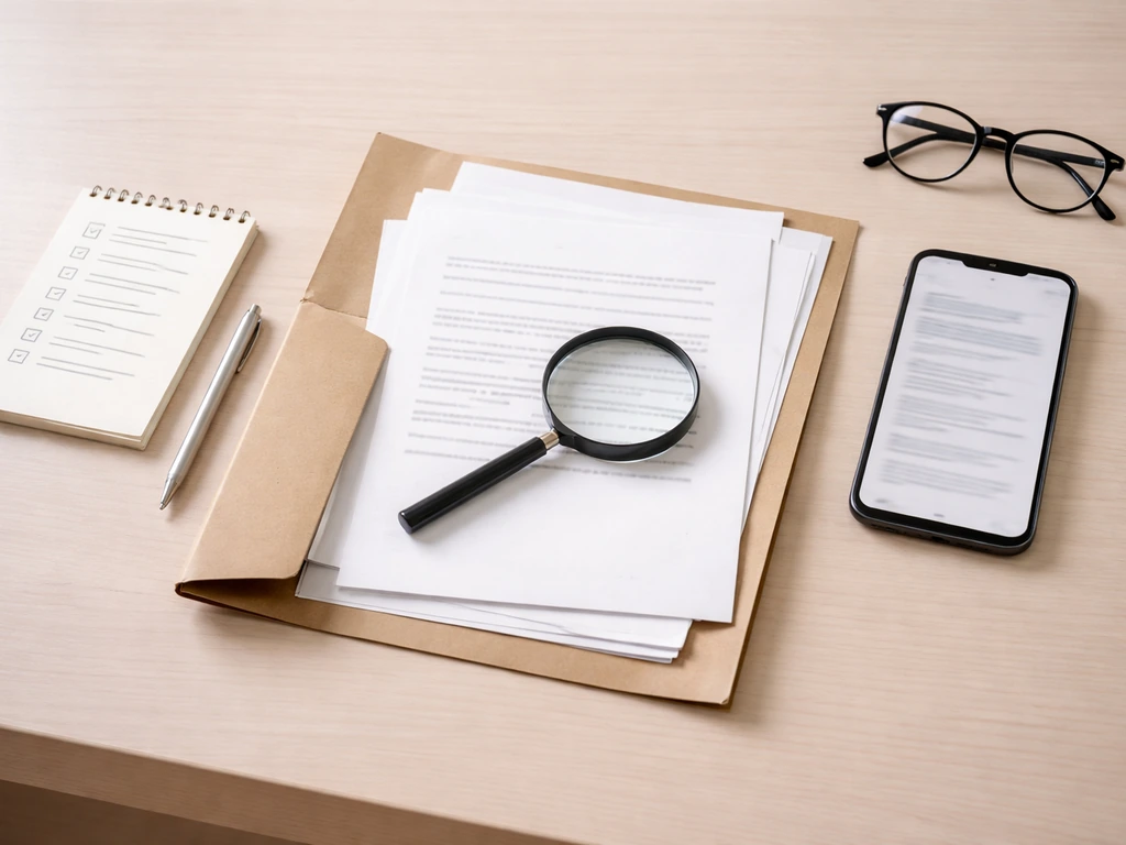 Minimal desk scene with checklist papers, documents, and magnifying glass for verifying financial claims
