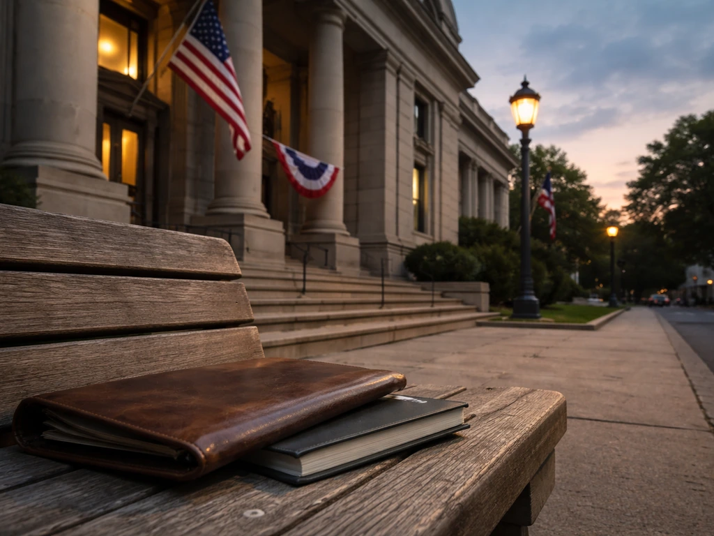 New Jersey civic building exterior with a leather portfolio and closed notebook on a bench, no people visible.