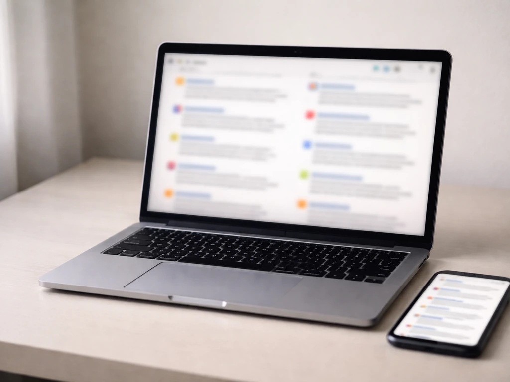 Minimal photo of a laptop screen with blurred, ambiguous search results suggesting identity confusion