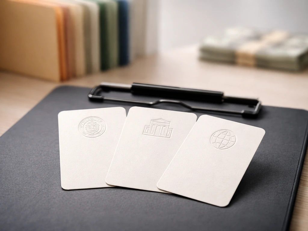 Minimal desk scene with three verification-style cards over a sources vs estimates background