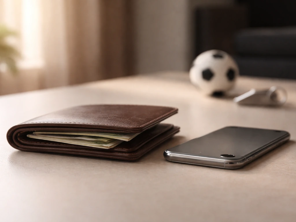 Minimal photo of a football-themed wallet and notes on a desk, symbolizing net worth calculation.