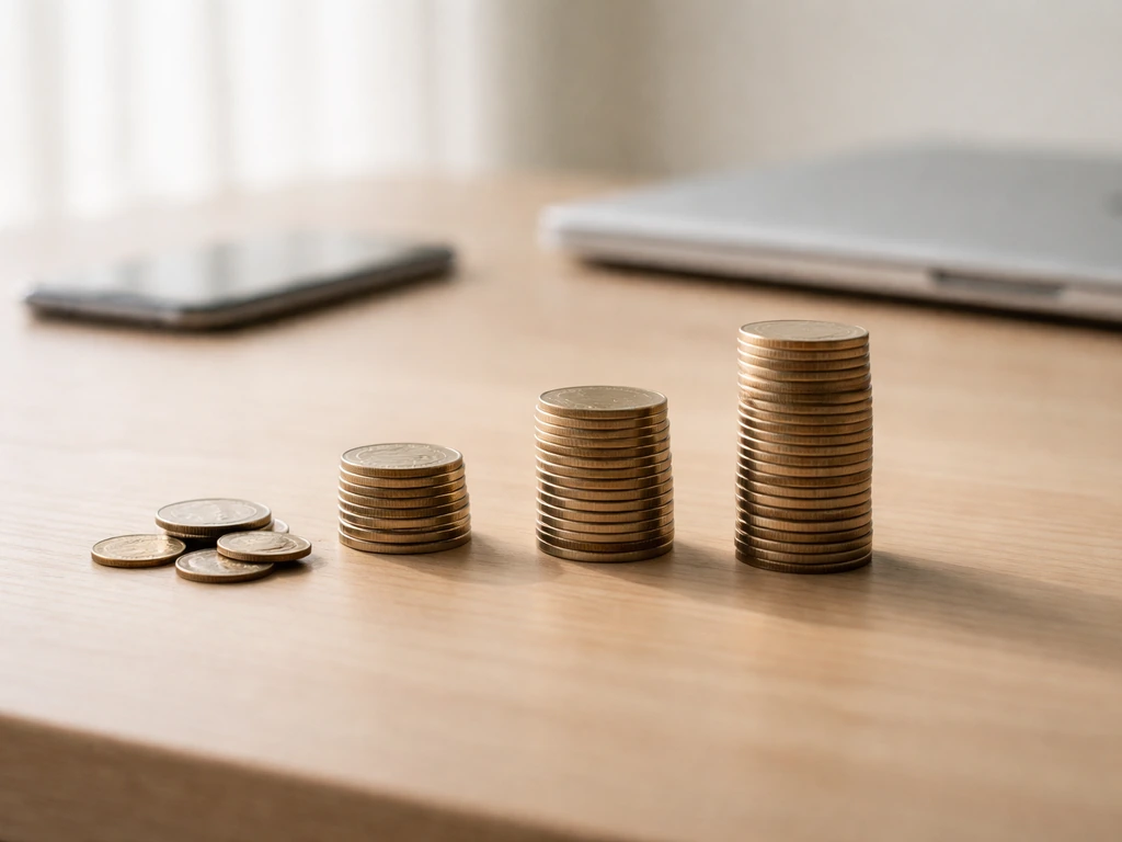 Three blurred wealth figures represented by coins and a laptop on a desk in soft light