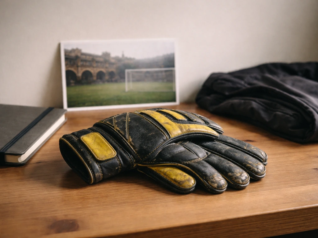 Minimal football-themed scene with worn goalkeeper gloves on a desk beside a European-styled stadium photo backdrop.