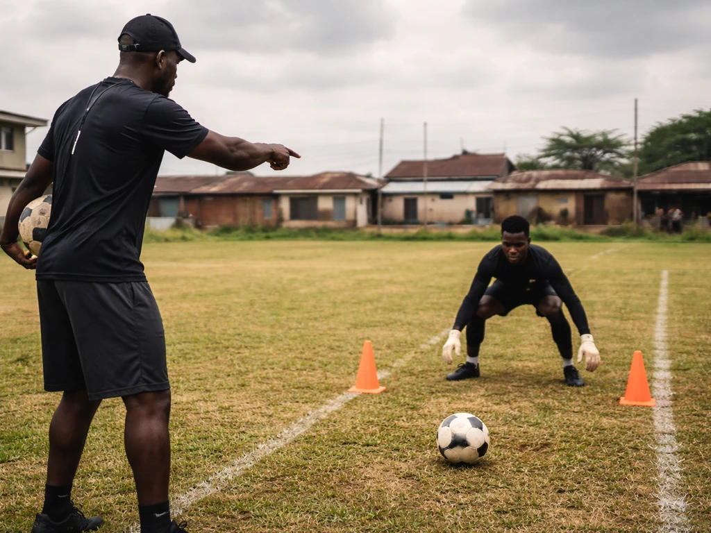 Coach and goalkeeper practicing drills on an outdoor Lagos football pitch