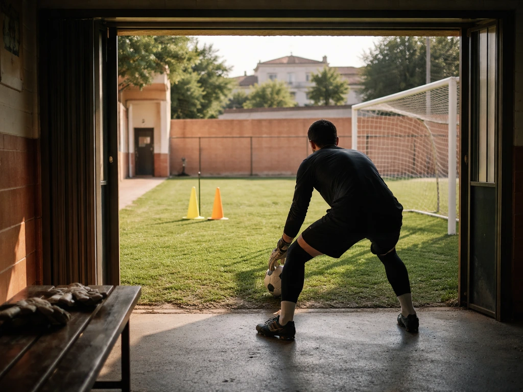 Anonymous goalkeeper training at a Spain-based academy with open doors and a view of the pitch.