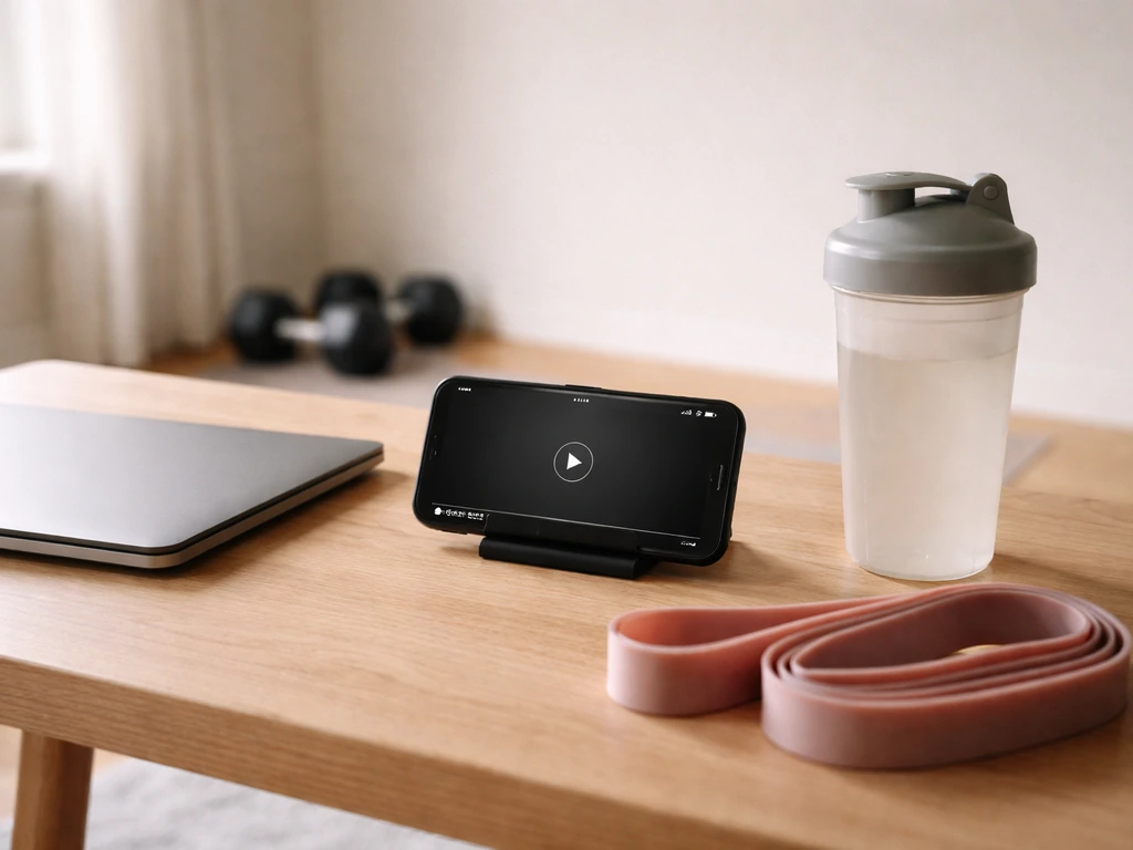 Fitness coach-style studio scene with a smartphone and workout accessories on a clean desk