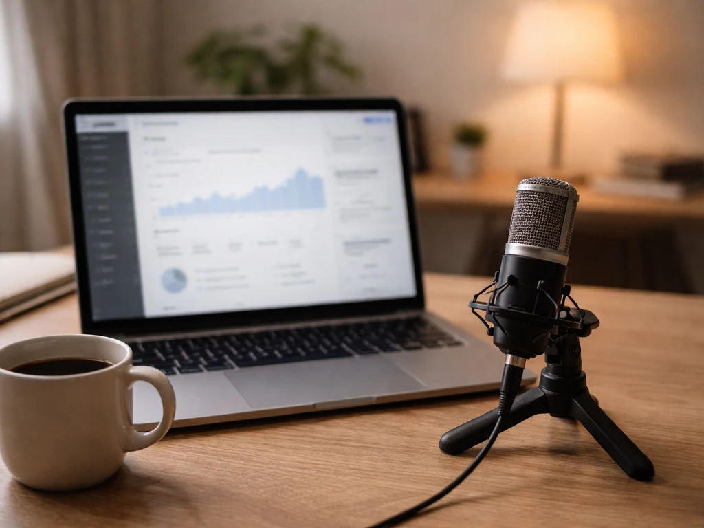 Minimal creator analytics scene: laptop with blurred finance numbers, microphone, and a coffee mug on a desk.