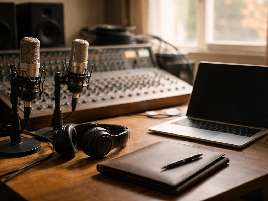 Music studio desk with microphones, headphones, and a laptop—symbolic of media business and wealth.