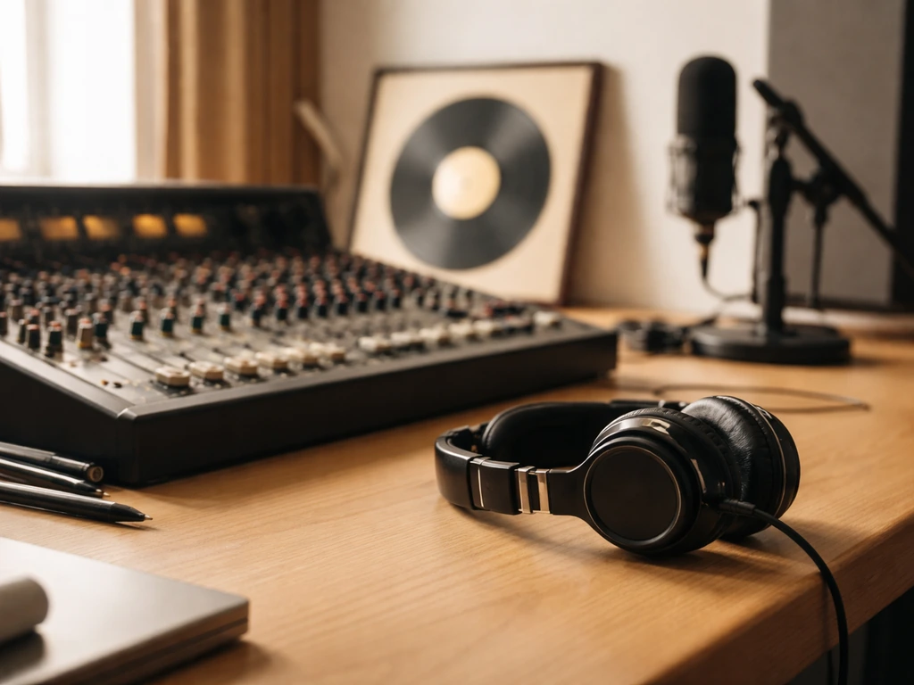 Close-up of studio headphones and microphone on a music executive’s desk in a quiet recording studio.