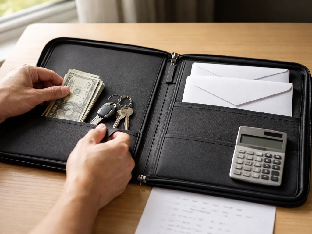 Anonymous hands on a desk sorting money and bills vs envelopes, symbolizing assets minus liabilities.