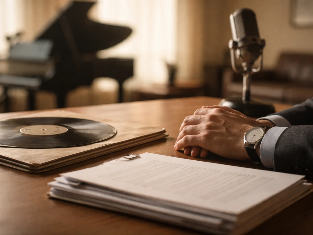 Minimal photo of a music executive at a studio desk with record sleeve and streaming-style spotlight, symbolizing major