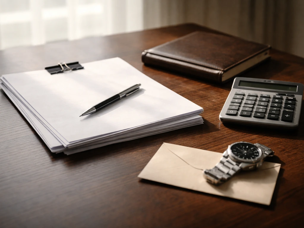 Anonymous NFL-style finance scene with neatly arranged contract documents and a calculator on a desk.