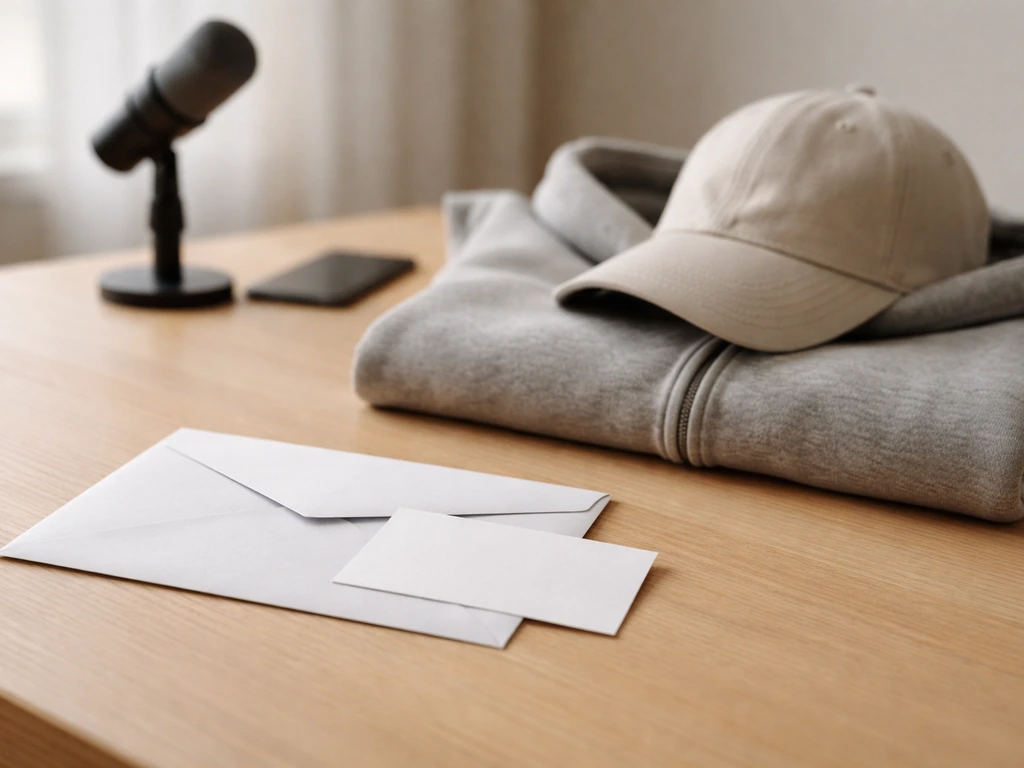 Minimal desk scene with neatly arranged sponsor-style items and a donation envelope, symbolizing endorsements and giving