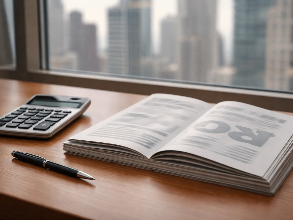 Close-up of a notebook with a blank financial magazine spread and a calculator on a desk, implying net-worth estimates