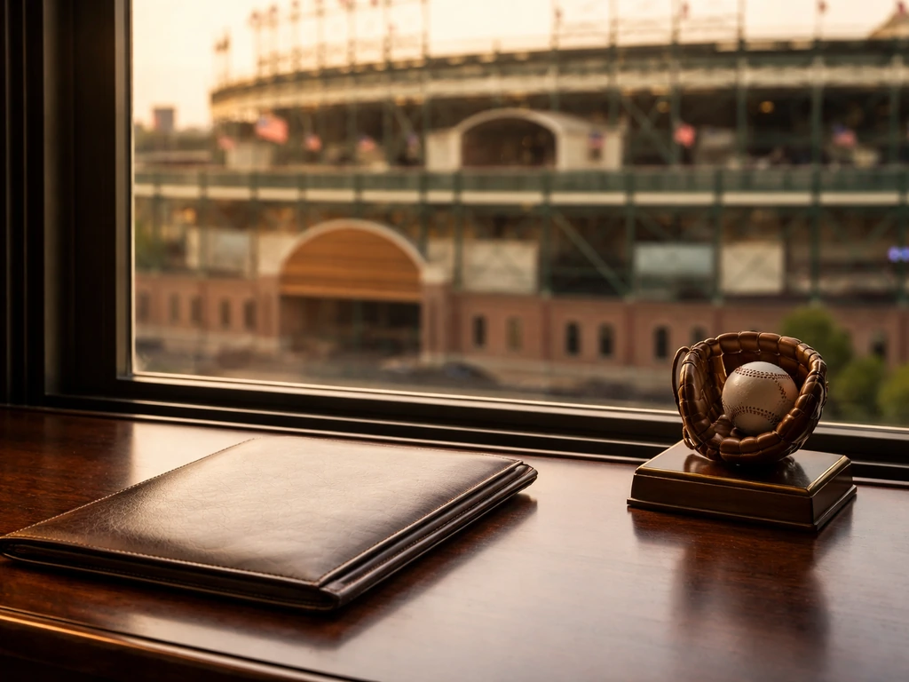 Wrigley Field exterior at golden hour with a minimal executive desk view linking Cubs ownership context.