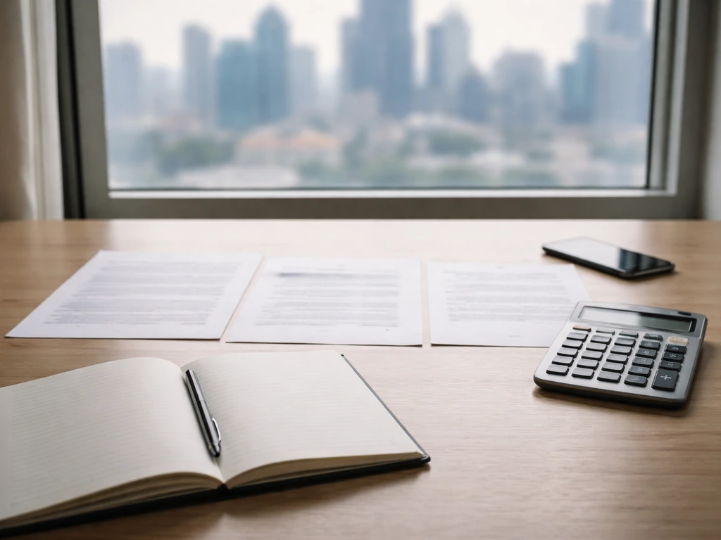 Minimal desk scene with documents, blank pages, and a calculator for cross-referencing financial estimates.