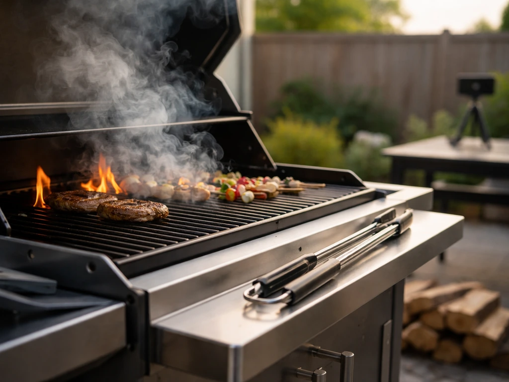 Outdoor barbecue pit area with smoke and a barbecue tool, symbolizing a pitmaster net worth story