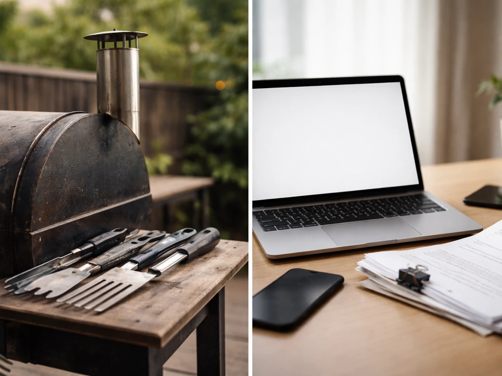 Side-by-side barbecue smoker tools and finance research desk items to cue verifying the right identity.