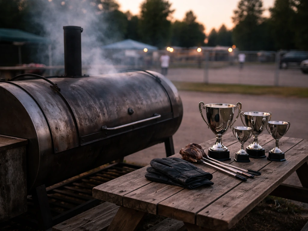 A competitive barbecue cook site with a smoking pit and trophies on a picnic table, symbolizing career milestones.