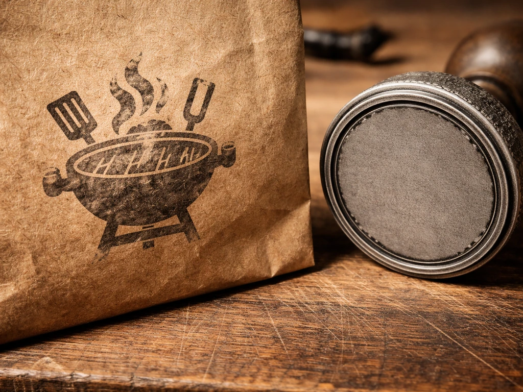 Close-up of barbecue packaging and a blank contract-stamp motif suggesting trademark licensing and partnerships.