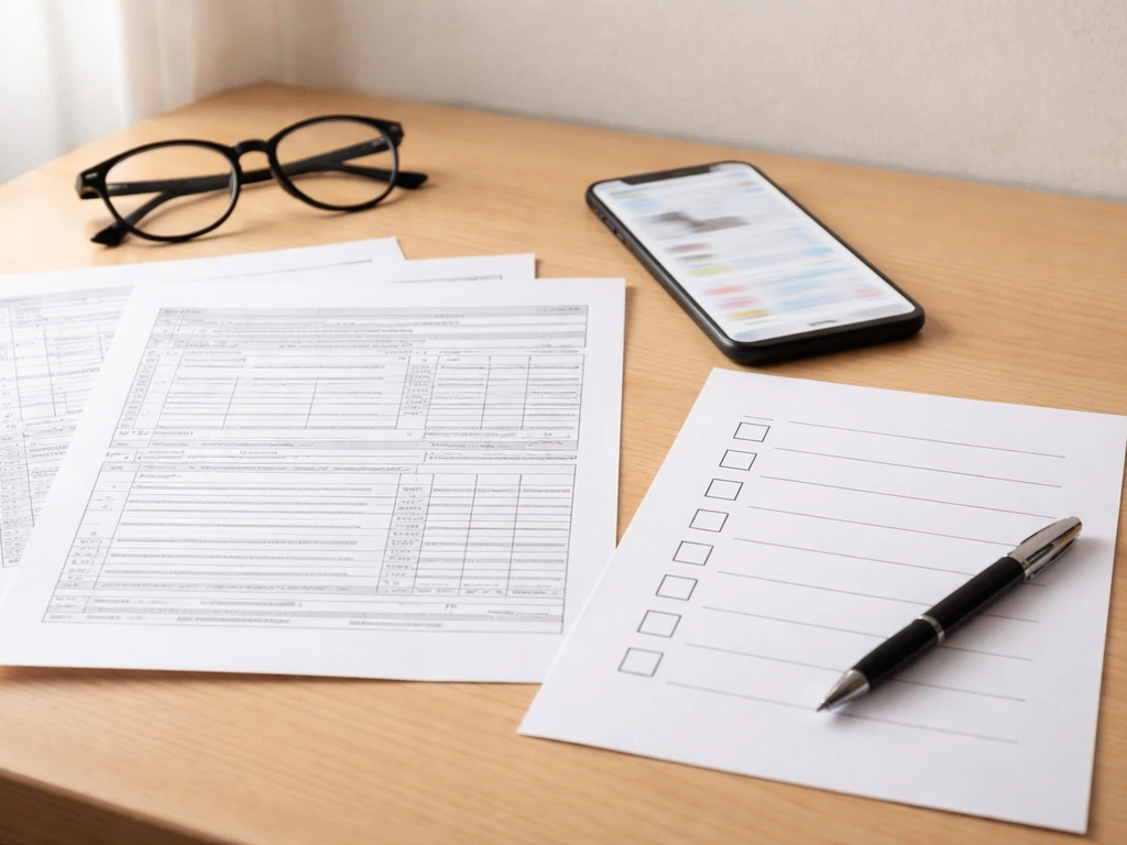 Desk with blank nonprofit-style tax pages, a blurred phone web view, and an empty checklist for verifying sources.