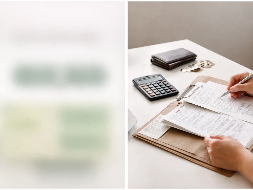 Split-style scene: left generic money/number mood, right hands reviewing documents with a calculator