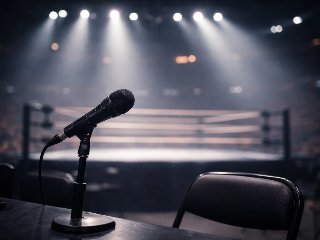 Anonymous wrestling arena scene with dramatic lights and a suited announcer mic stand, symbolizing sports fame and net w