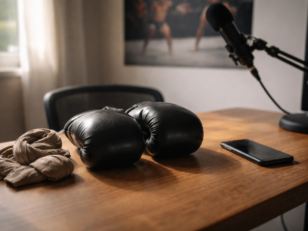 Black boxing gloves and hand wraps on a desk near a microphone, evoking MMA earnings and media work.
