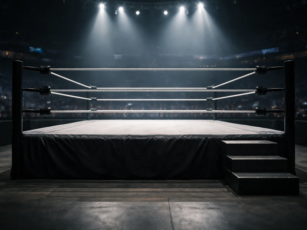 Empty wrestling ring with dramatic lights, evoking WWE contracts and pay structure