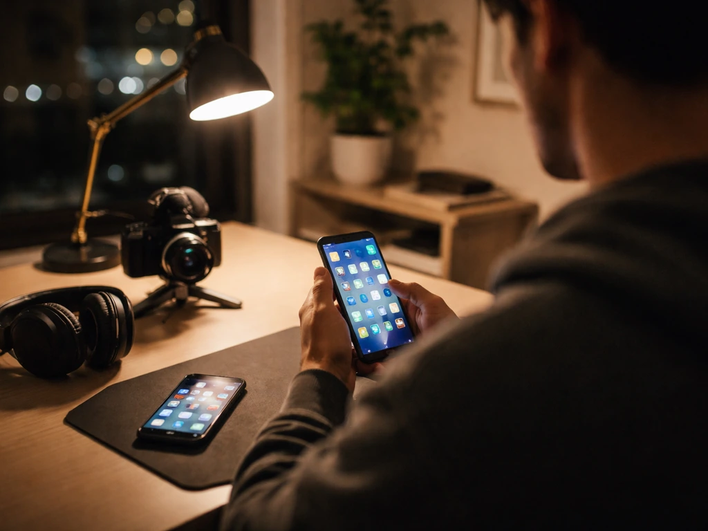 Anonymous creator at a desk with an OnlyFans-like content platform vibe and phone showing abstract icons