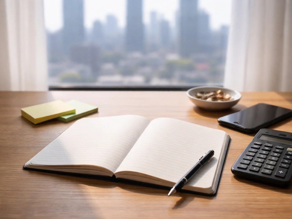 Open notebook with two blank sticky notes and a calculator on a desk, suggesting comparing estimates