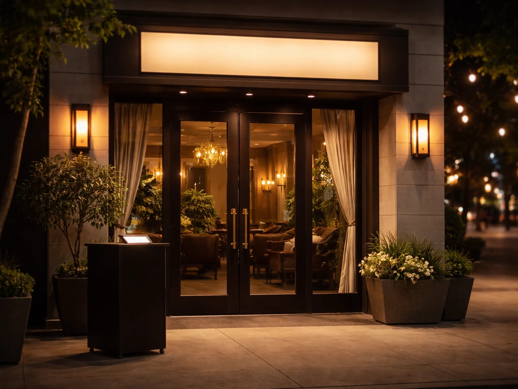 Empty fine-dining entrance with warm lights, suggesting restaurant ownership and business wealth