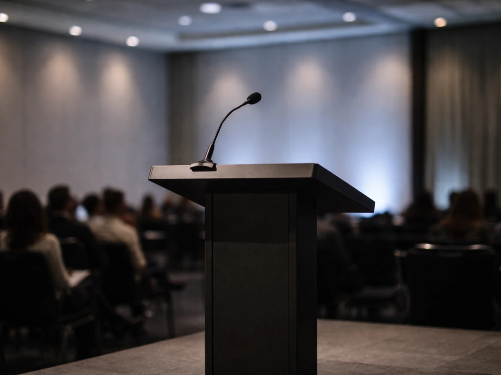 Keynote stage with lectern and microphone, blurred audience in a corporate conference setting.