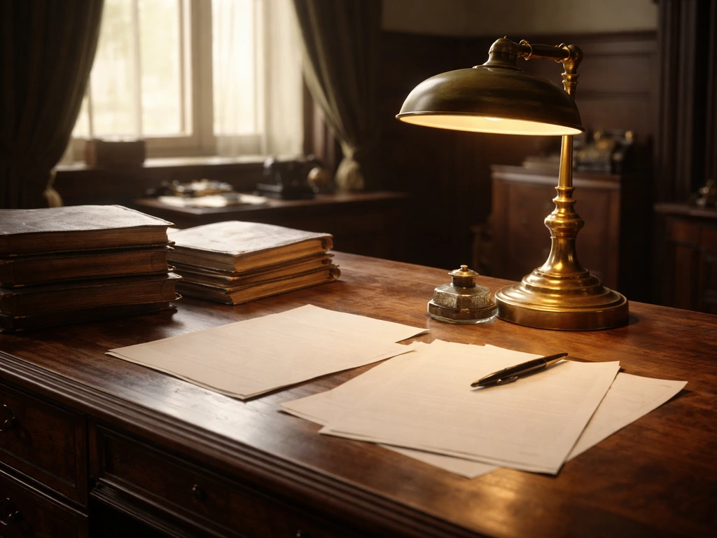 Minimal merchant bank office desk with ledgers and financial documents in warm natural light