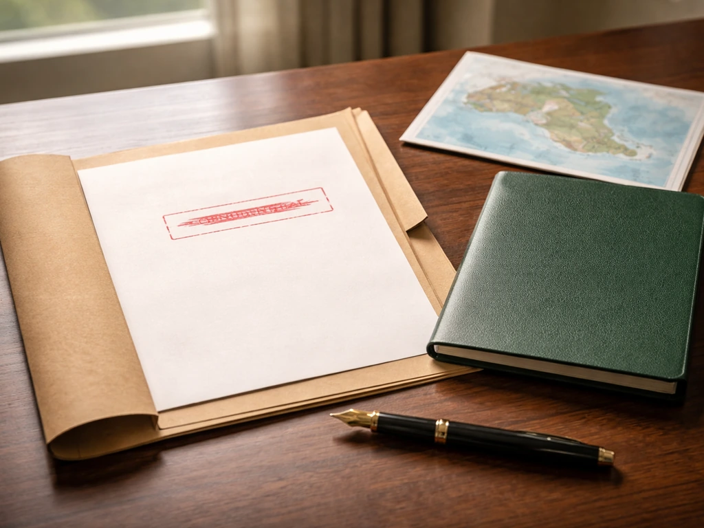 Minimal desk scene with redacted legal documents, pen, and a small unlabelled ocean island map concept.