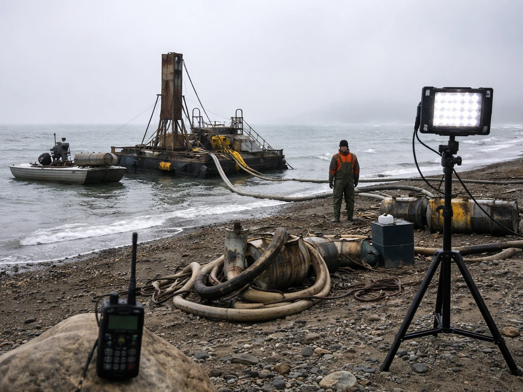 Anonymous gold dredging operation on the Alaskan coast near Nome with equipment and work gear nearby.